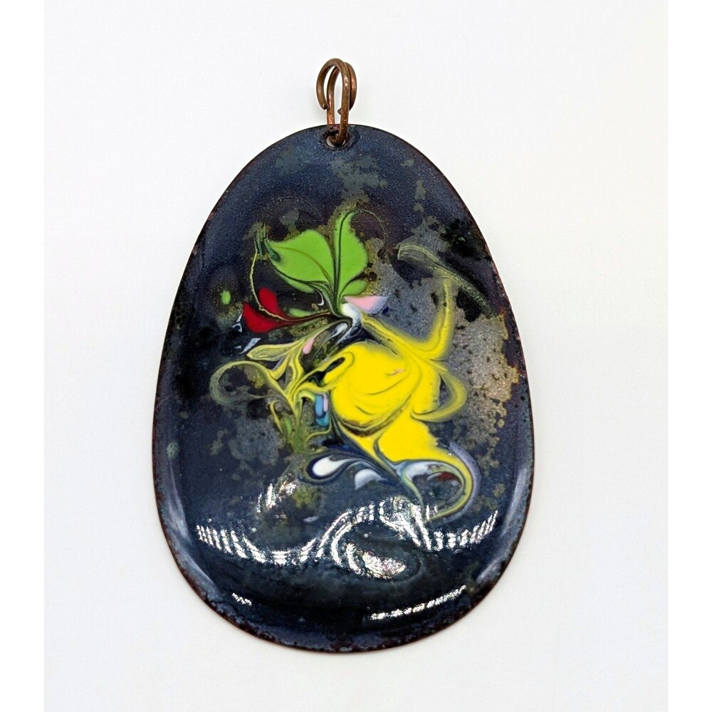 Vintage Artisan Blue Pink Reversible Enamel on Copper Pendant Abstract Swirl